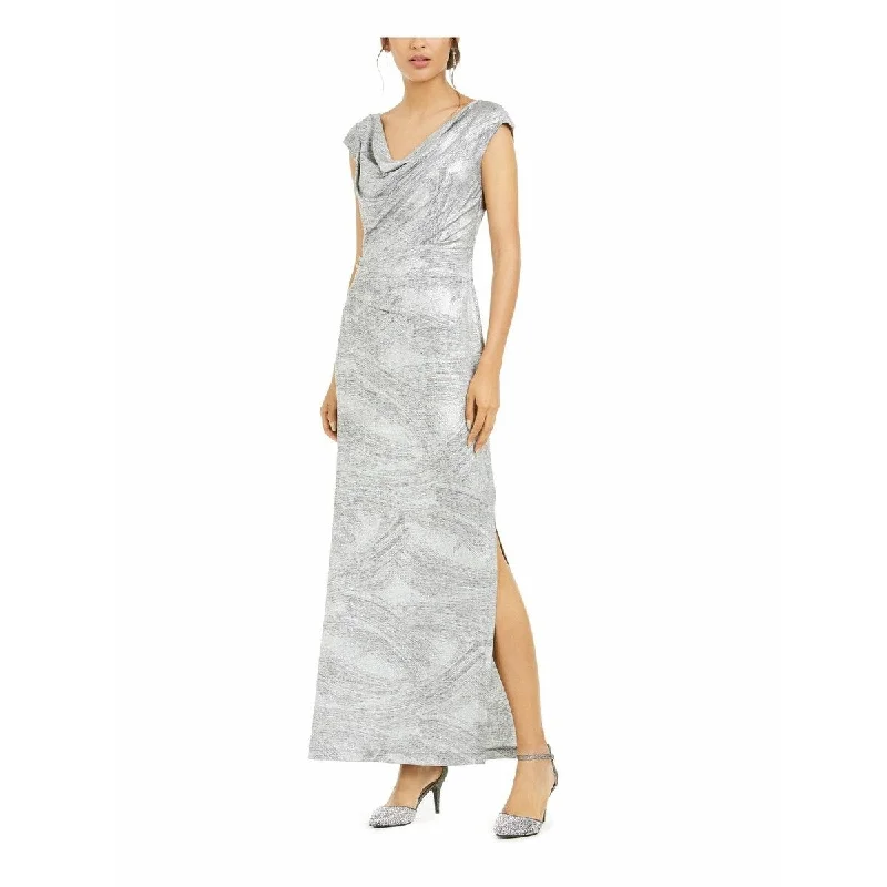 women's glam dressesConnected Women's Cowlneck Metallic Slit Gown Silver Size 8