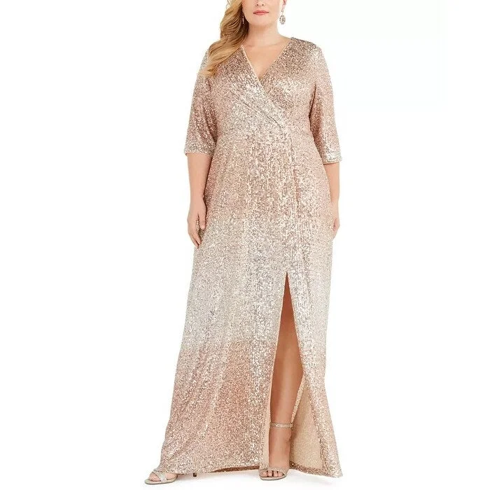 women's prom dressesR & M Richards Women's Plus Size Sequined Surplice Gown Lt Beige Size 14W