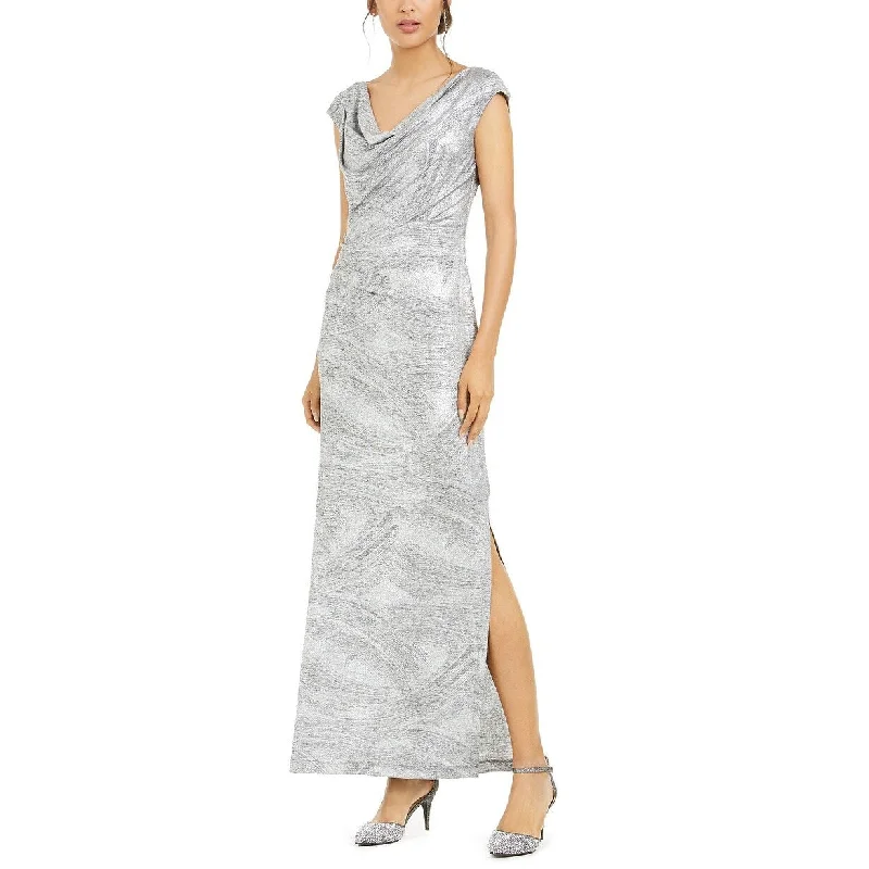 women's tall dressesConnected Women's Cowlneck Metallic Slit Gown Silver Size 12