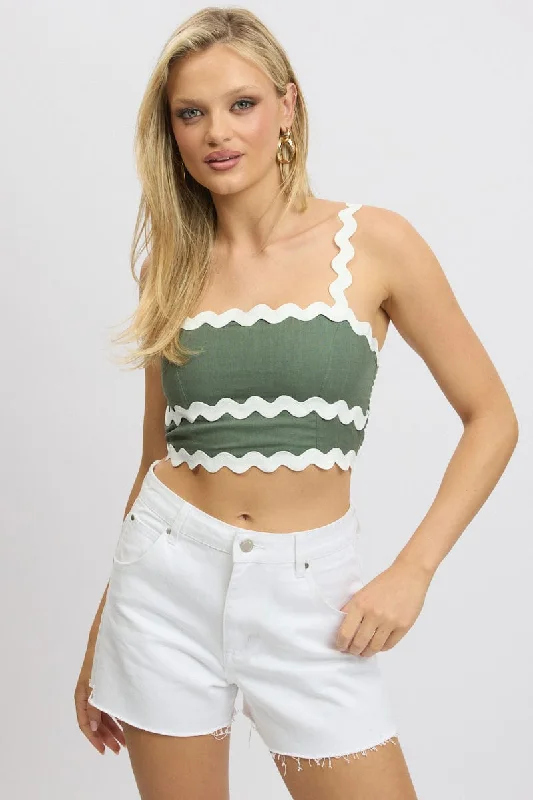 women's tops for those who want to create outfits that are both unique and memorableGreen Crop Top Sleeveless Shirred Back