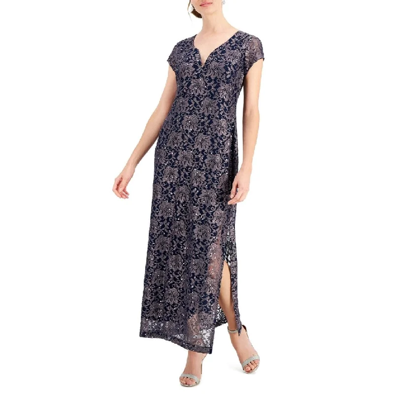 women's floral dressesConnected Women's Printed Lace Gown Blue Size 8