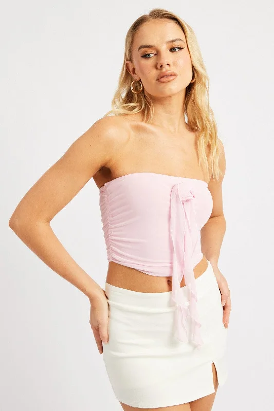 elegant women's topsPink Bandeau Top Mesh Rosette