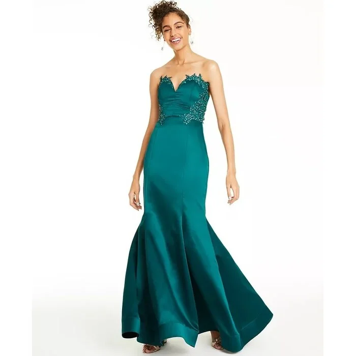 women's bridesmaid dressesCity Studios Women's Beaded Applique-Trim Gown Dark Green Size 9