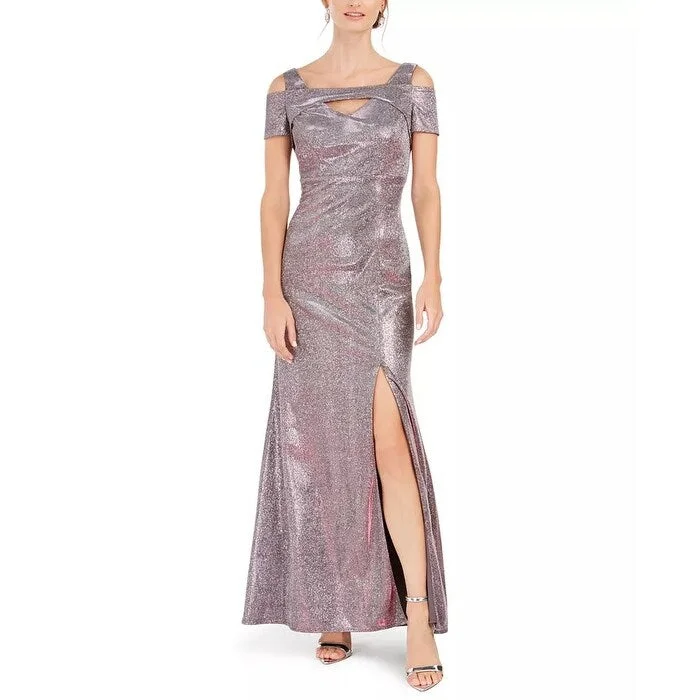 women's stretch dressesNightway Women's Metallic Cold-Shoulder Gown Purple Size 4