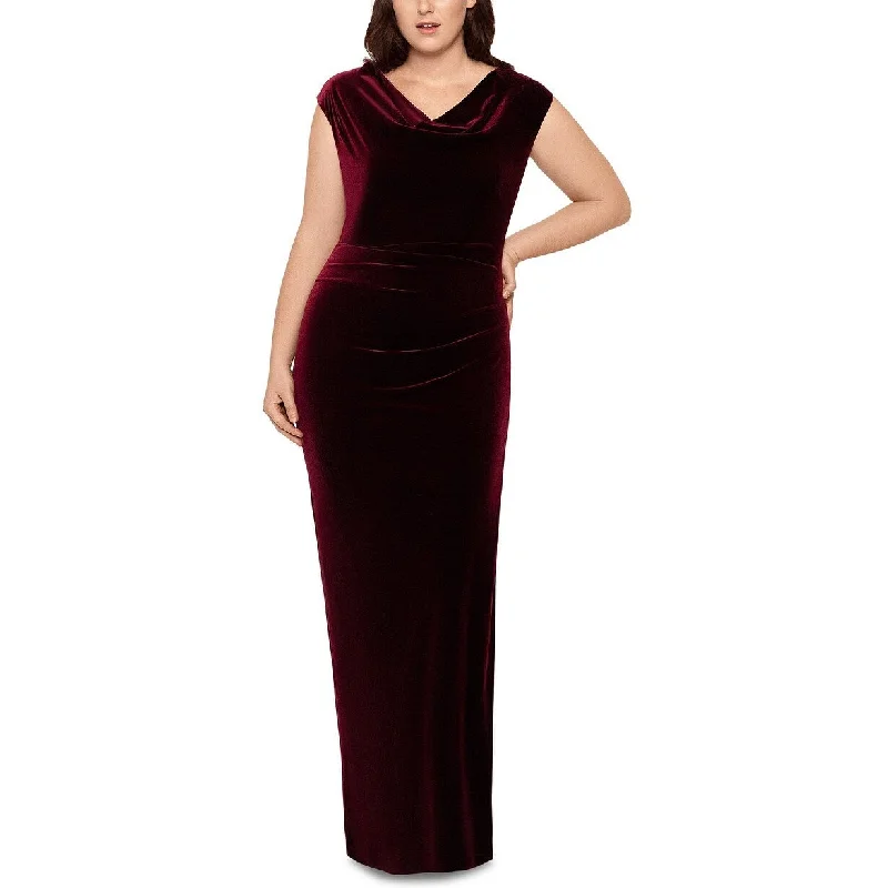 women's casual Friday dressesXSCAPE Women's Plus Size Drape-Front Velvet Gown Dark Red Size Petite Small - Petite Small