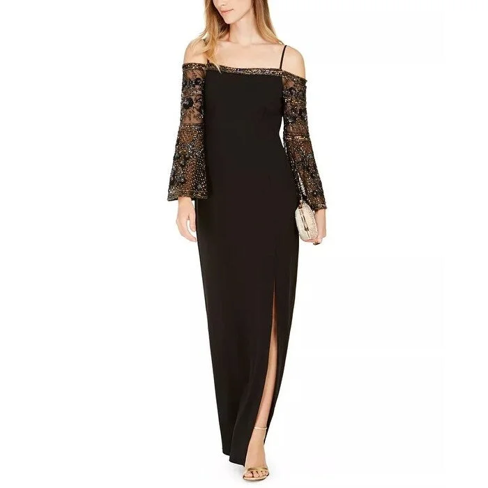 women's cocktail dressesAdrianna Papell Women's Embellished Sleeve Cold Shoulder Gown Black Size 4