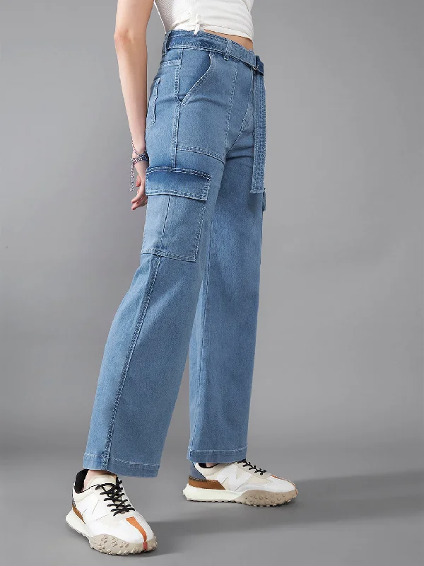 women's denim jeans for a glamorous evening24/7 Comfort Women's Mid Blue Wide Leg High Rise Stretchable Cargo Denim Jeans