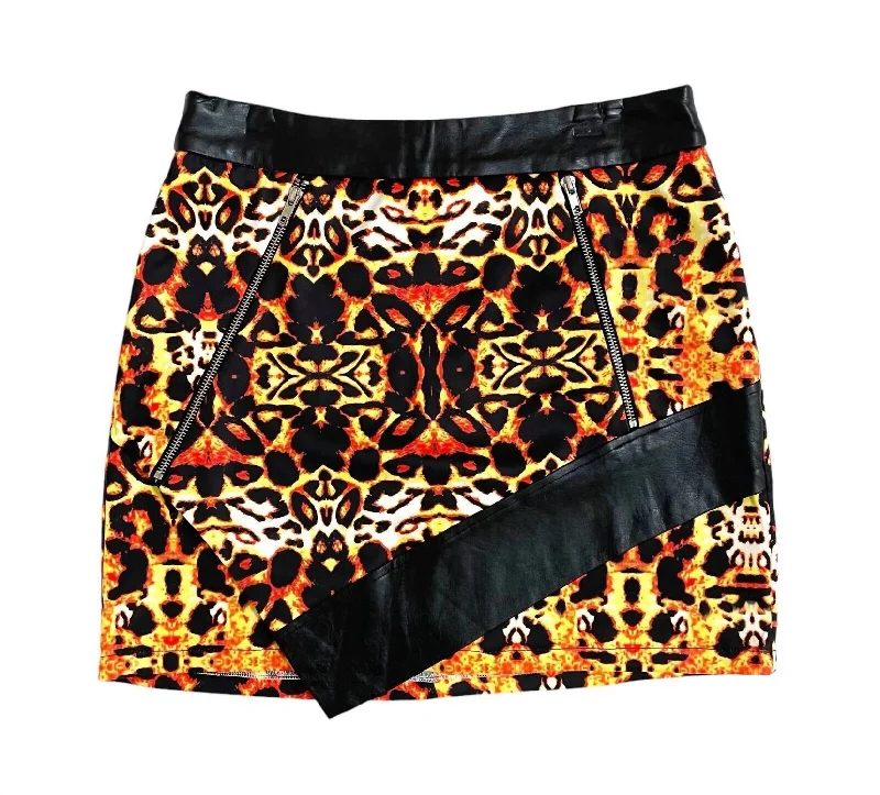 women's versatile work skirtsWomen's Animal Print A Line With Faux Leather Trim Zippers Mini Skirt In Multicolor