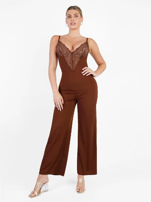 women's jumpsuits with off-the-shoulder sleevesShapewear Lace Deep V-Neck Sculpting Wide Leg Jumpsuit