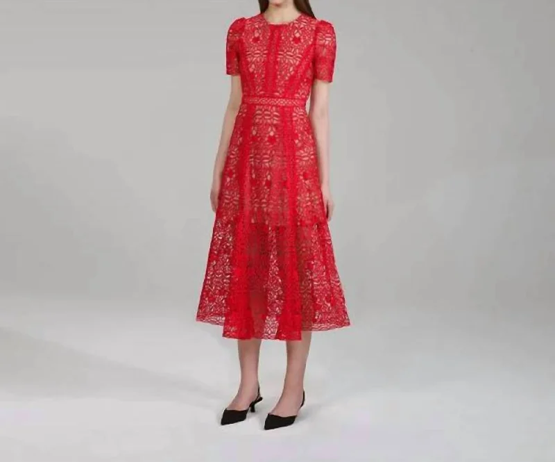 women's solid color dressesGuipure Lace Midi Dress In Red