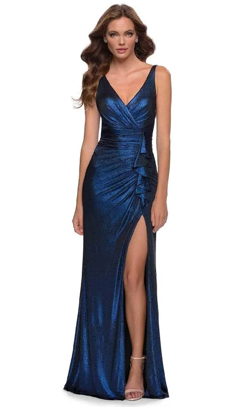 women's smart casual dressesLa Femme 29759SC - V-Neck Ruched Bodice Evening Dress