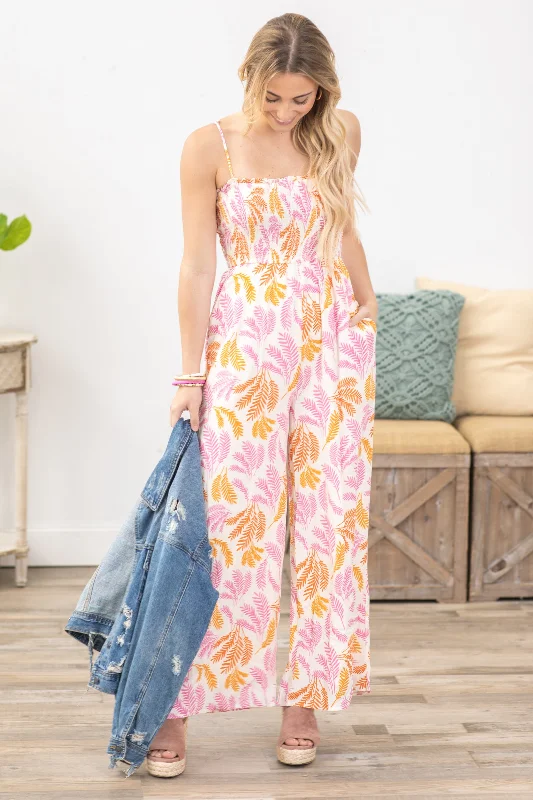 women's jumpsuits with short sleevesPink Tropical Leaf Print Jumpsuit