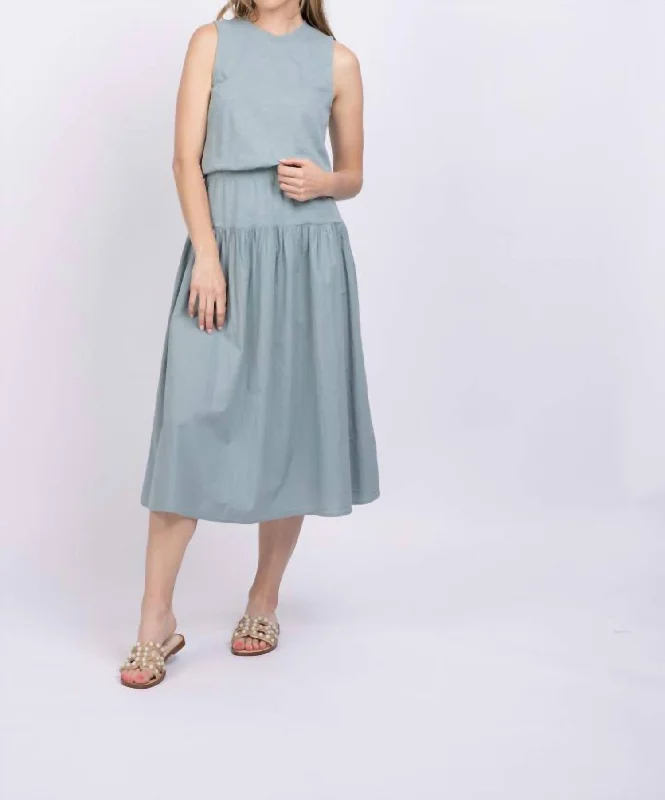 women's vacation dressesCallie Combo Midi Dress In Dusty Blue