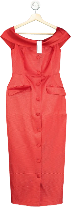 women's wrinkle-resistant dressesKaren Millen Red Italian Structured Rib Bardot Button Through Tailored Midi Dress UK 6