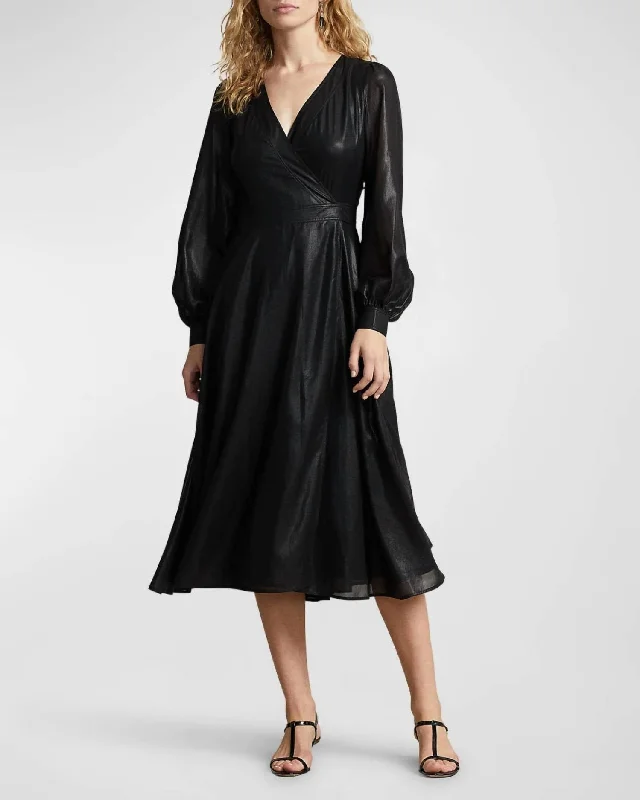 women's mother of the bride dressesLame Wrap Cocktail Midi Dress In Polo Black