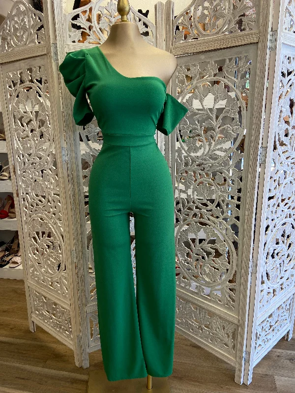 women's cozy jumpsuitsGreen Puff Sleeve Jumpsuit