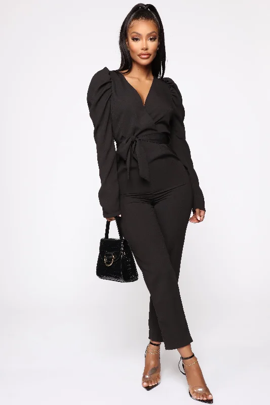 women's jumpsuits with round necksMila Puff Sleeve Jumpsuit - Black