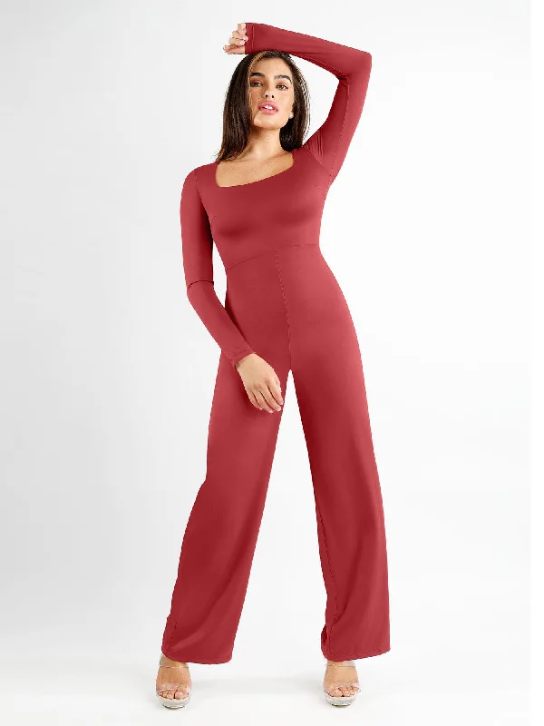 women's jumpsuits with cinched waistsShapewear Long Sleeve Square Neck Slimming Wide Leg Jumpsuit