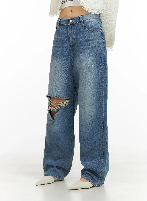 women's denim jeans with functional pocketsDestroyed Washed Baggy Jeans CY414