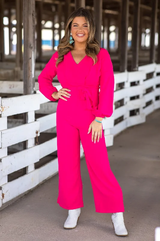 women's jumpsuits with round necksHot Pink Long Sleeve Self Tie Waist Jumpsuit