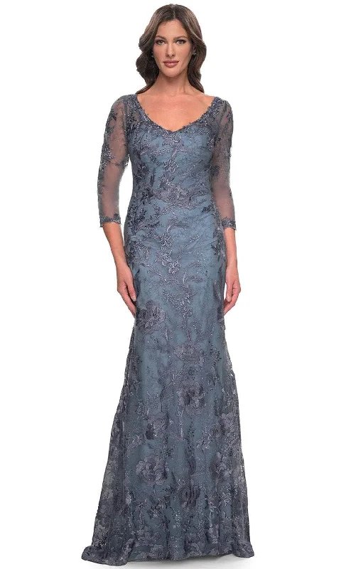 women's denim dressesLa Femme 30130SC - Illusion Sleeve Lace Evening Dress