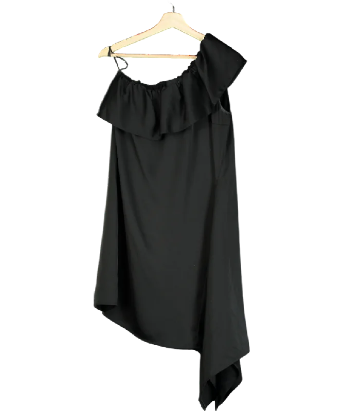 women's silk dressesDesigners Remix Black Frill One Shoulder Satin Mini Dress UK 6