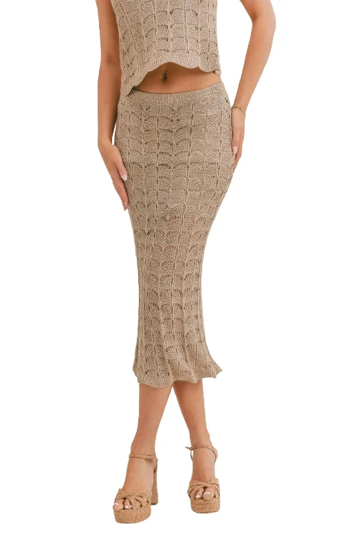 women's crochet maxi skirts for beach outingsCappuccino Open Knit Midi Skirt In Taupe