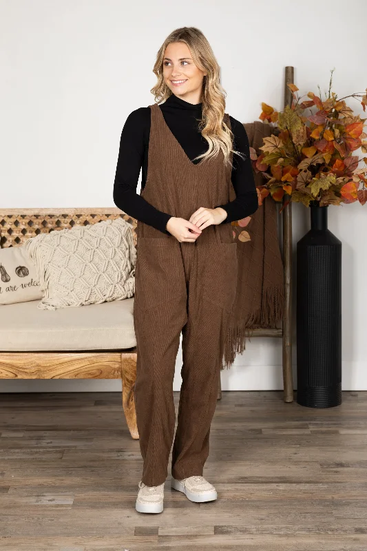 women's jumpsuits with V-necksMocha Corduroy Jumpsuit With Pockets