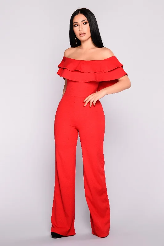 women's jumpsuits made of denimReady To Ruffle Jumpsuit - Red