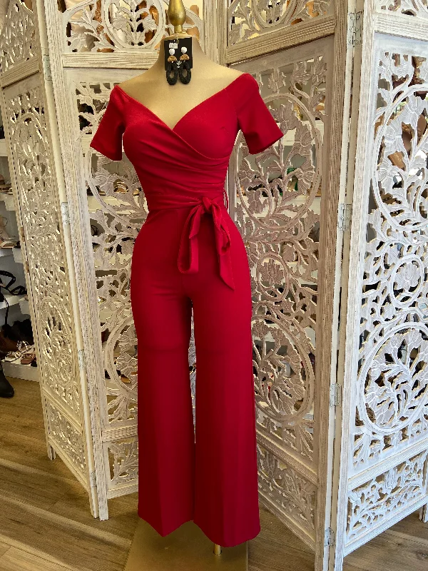 women's loose-fit jumpsuitsBurgundy Cross Front Tied Jumpsuit