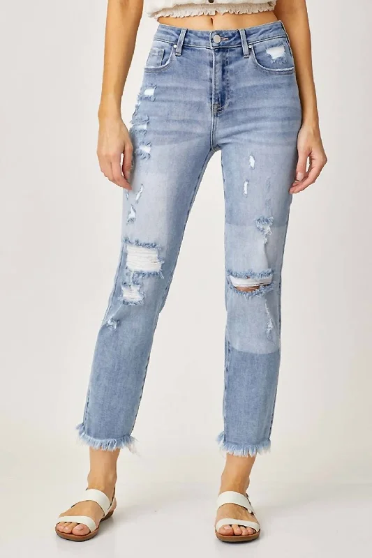 women's denim jeans with floral embroideryHigh Waist Straight Jeans In Light Wash