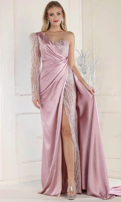 women's satin dressesMay Queen RQ7980 - One Shoulder High Slit Evening Dress