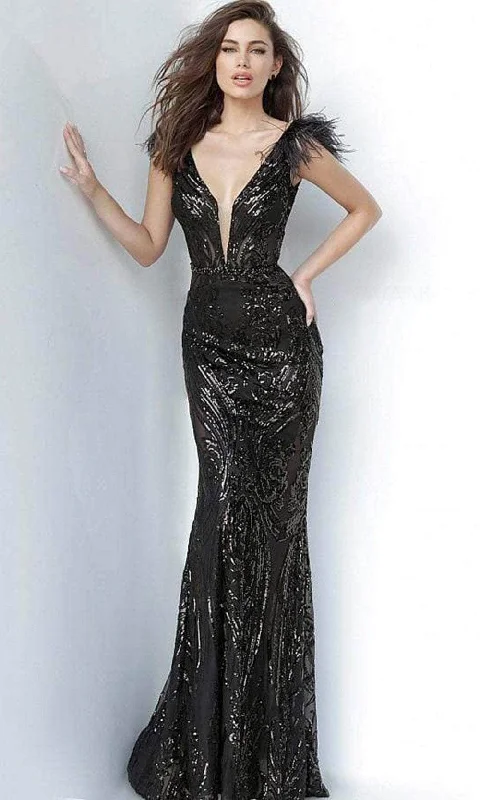 women's maximalist dressesJovani - Feathered Sequin Evening Dress 3180SC