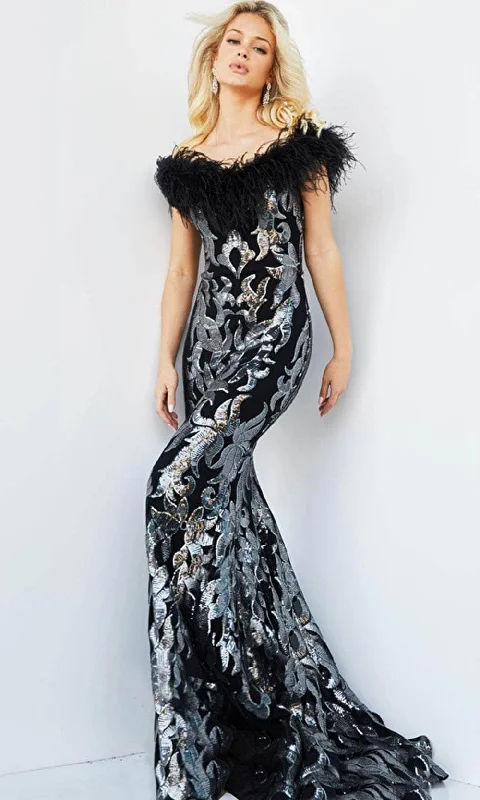 women's lace-up dressesJovani 22346 - Sequin and Feathered Evening Gown