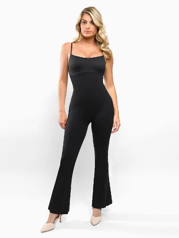 women's jumpsuits with spaghetti strapsShapewear Butt Lift Flare Leg Strappy Jumpsuit