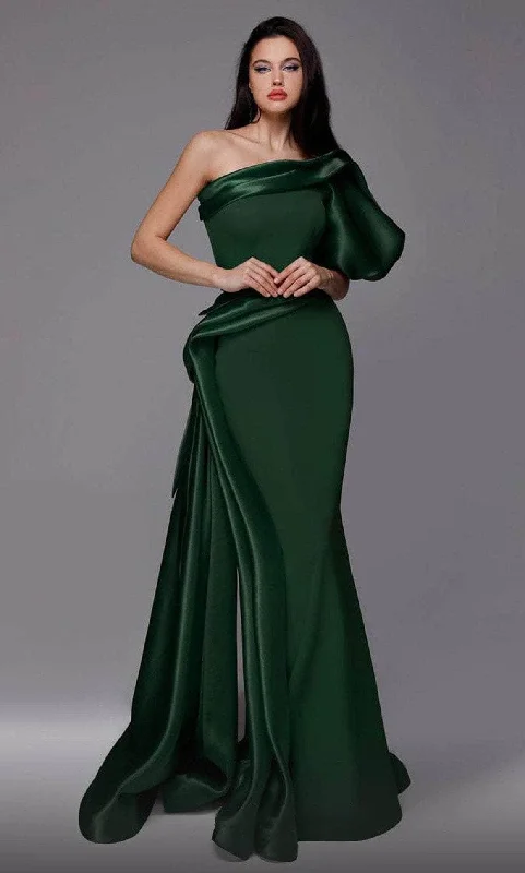 women's bodycon dressesMNM Couture 2722 - Puffed Sleeve Asymmetric Evening Gown