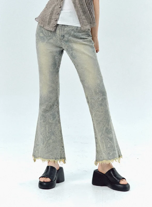 women's distressed denim jeans with holesBohemian Print Bootcut Jeans IU329