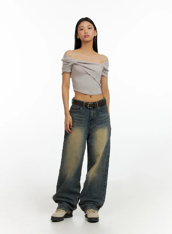 women's grey denim jeansWide Leg Washed Jeans IL419