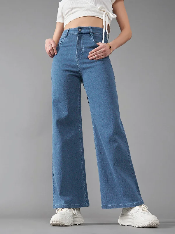 women's white denim jeans24/7 Comfort Women's Blue Wide Leg High Rise Mildly Distressed Regular Length Stretchable Denim Jeans