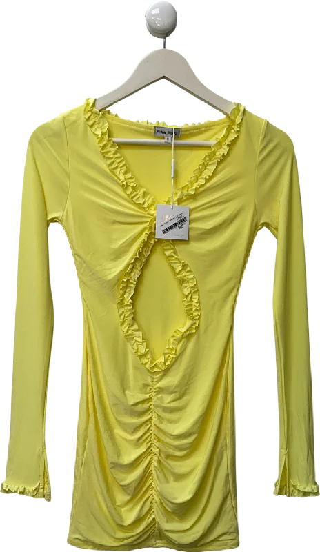 women's denim dressesPublic Desire Frill Detail Cut Out Ruched Mini Dress Yellow UK 8