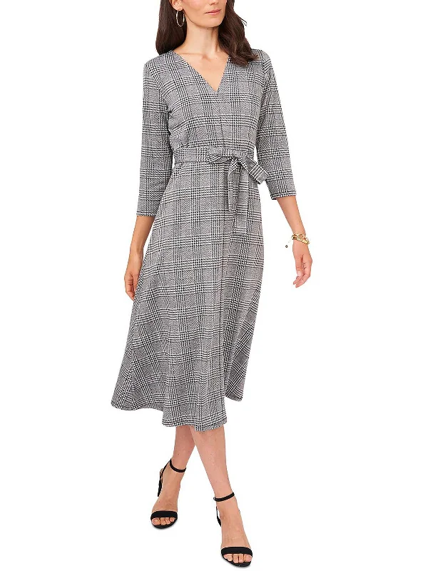 women's tall dressesPetites Womens Glen Plaid V-Neck Midi Dress