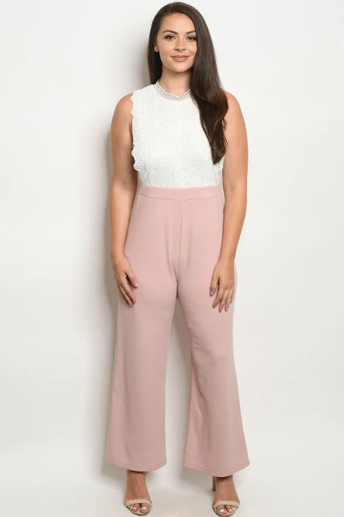 women's jumpsuits with Peter Pan collarsBlush Pink and White Lace Plus Size Jumpsuit