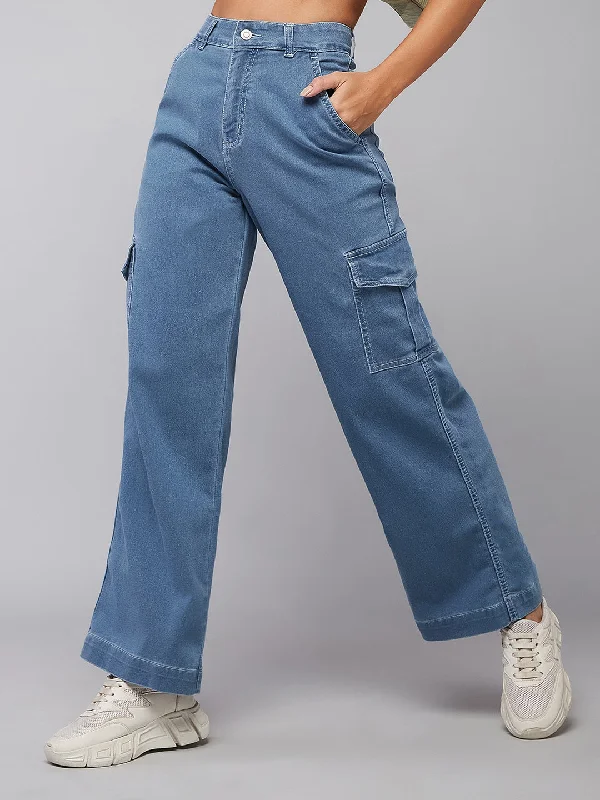 women's denim jeans for a glamorous evening24/7 Comfort Women's Blue Wide leg High rise Cargo Regular Stretchable Denim Jeans