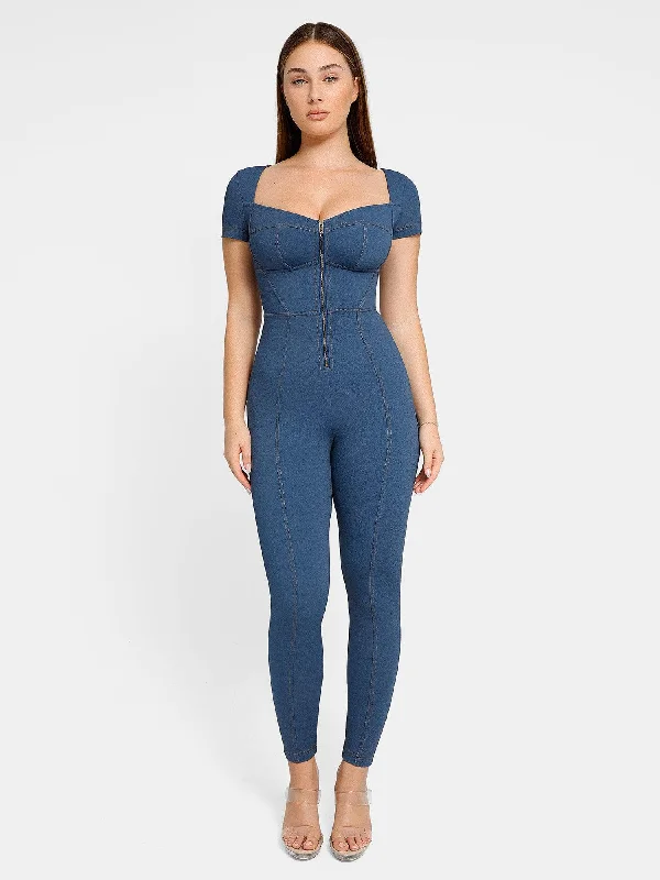 women's jumpsuits with short sleevesShapewear Denim Short Sleeve Zip Front Butt Lift Jumpsuit