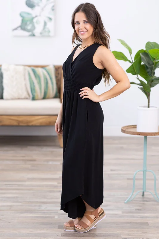 women's jumpsuits for short womenBlack Surplice Front Smocked Waist Jumpsuit