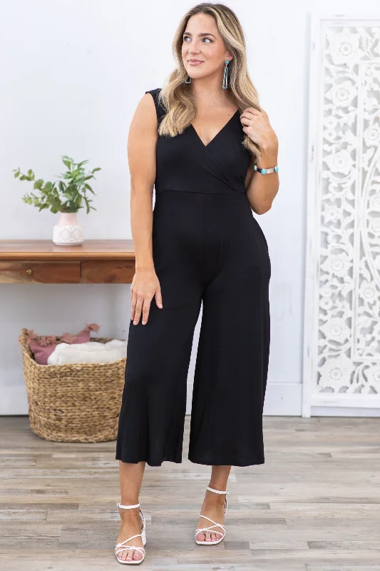 women's jumpsuits for date nightsBlack Surplice Neckline Sleeveless Jumpsuit