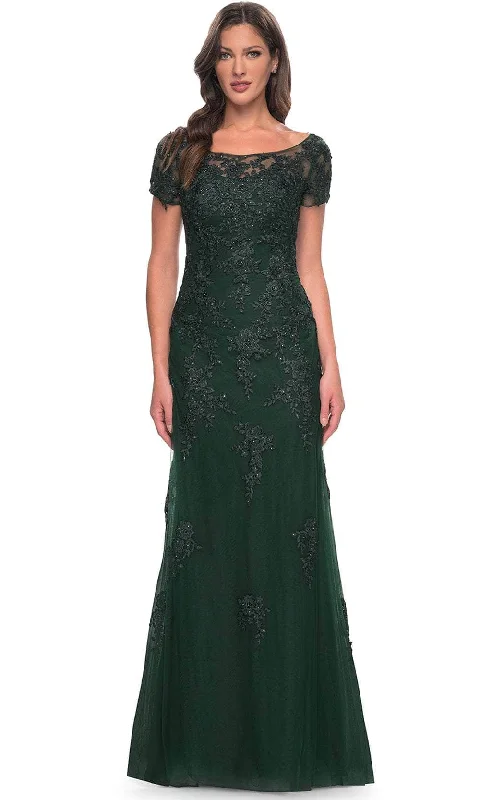 women's trendy dressesLa Femme 29792SC - Embroidered Bateau Evening Dress