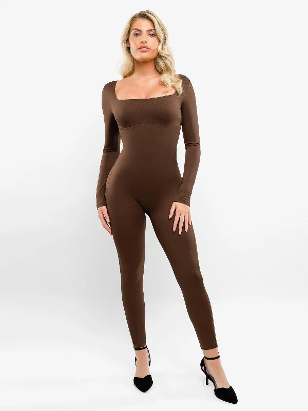 women's jumpsuits with self-ties at the waistShapewear Square Neck Long Sleeve Butt Lift Jumpsuit