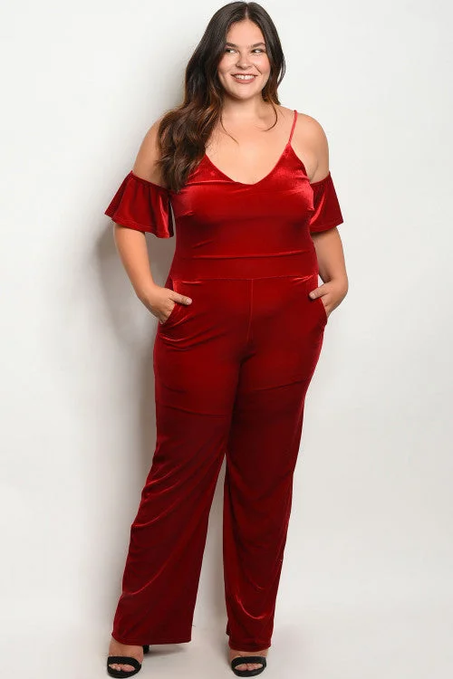 women's jumpsuits with rufflesRed Velvet Cold Shoulder Plus Size Jumpsuit