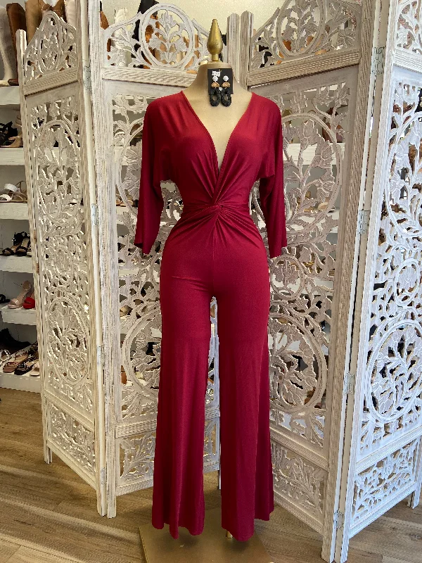 women's wide-leg jumpsuitsBurgundy Knotted Jumpsuit